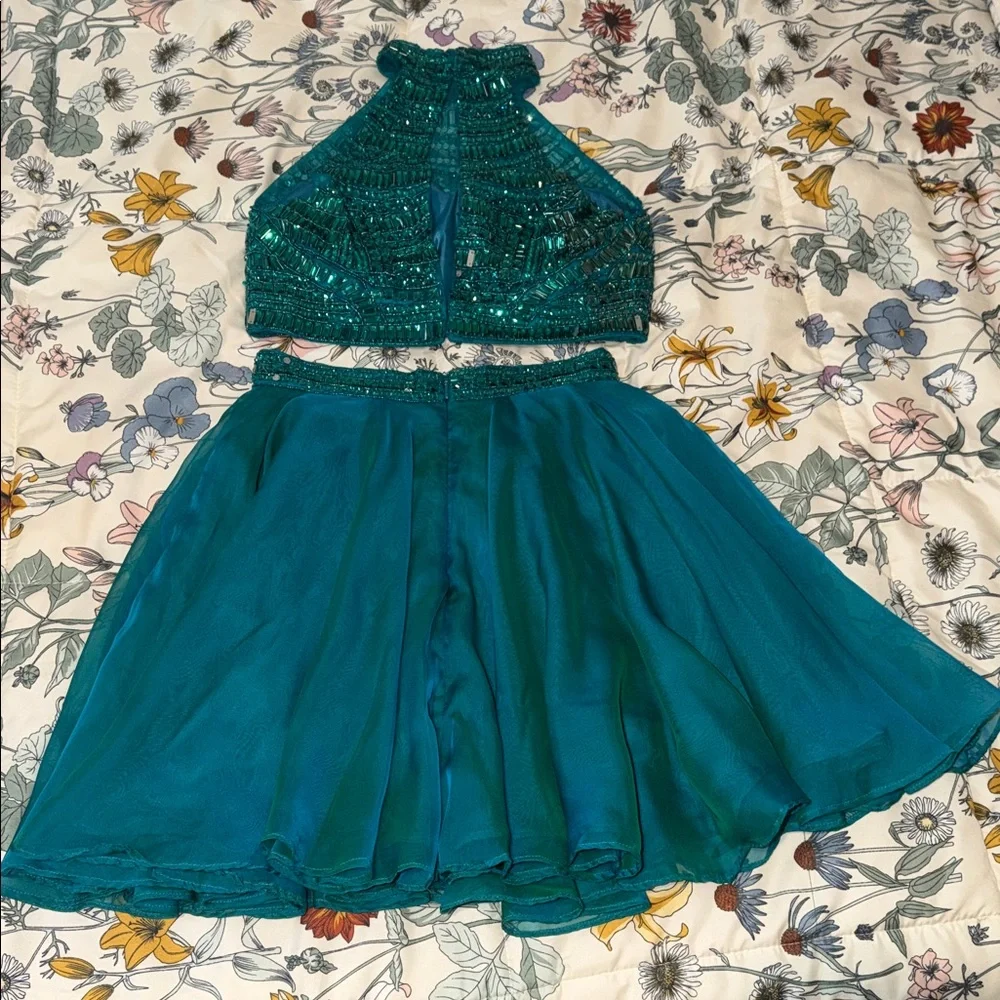 Sherri Hill 2piece teal formal dress w/ beaded top (read description for flaws!) - Picture 2 of 16